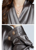 Luxe V-Neck Long Sleeve Grey Blouse in 100% Mulberry Silk for Women - Alexel Crafts