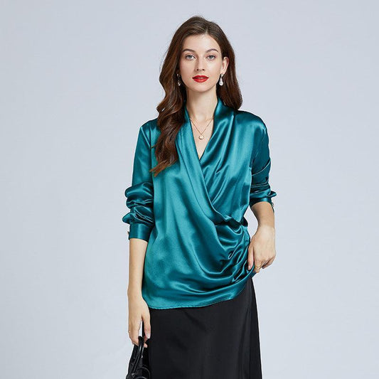 Luxe V-Neck Long Sleeve Blouse in 100% Mulberry Silk for Women - Alexel Crafts