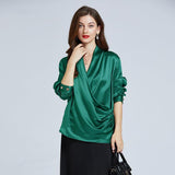 Luxe V-Neck Long Sleeve Green Blouse in 100% Mulberry Silk for Women - Alexel Crafts