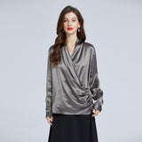Luxe V-Neck Long Sleeve Grey Blouse in 100% Mulberry Silk for Women - Alexel Crafts