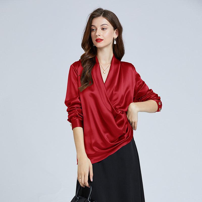 Luxe V-Neck Long Sleeve Blouse, 100% Mulberry Red Silk Blouse for Women