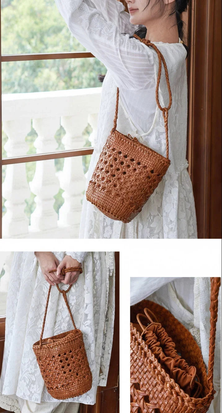 Handcrafted Full Grain Leather Woven Crossbody Bag, Vintage Romantic Lattice Basket Bucket Bag, Hollow-Out Cowhide Cylindrical Crossbody for Women Tan Brown