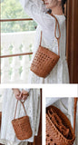 Handcrafted Full Grain Leather Woven Crossbody Bag, Vintage Romantic Lattice Basket Bucket Bag, Hollow-Out Cowhide Cylindrical Crossbody for Women Tan Brown