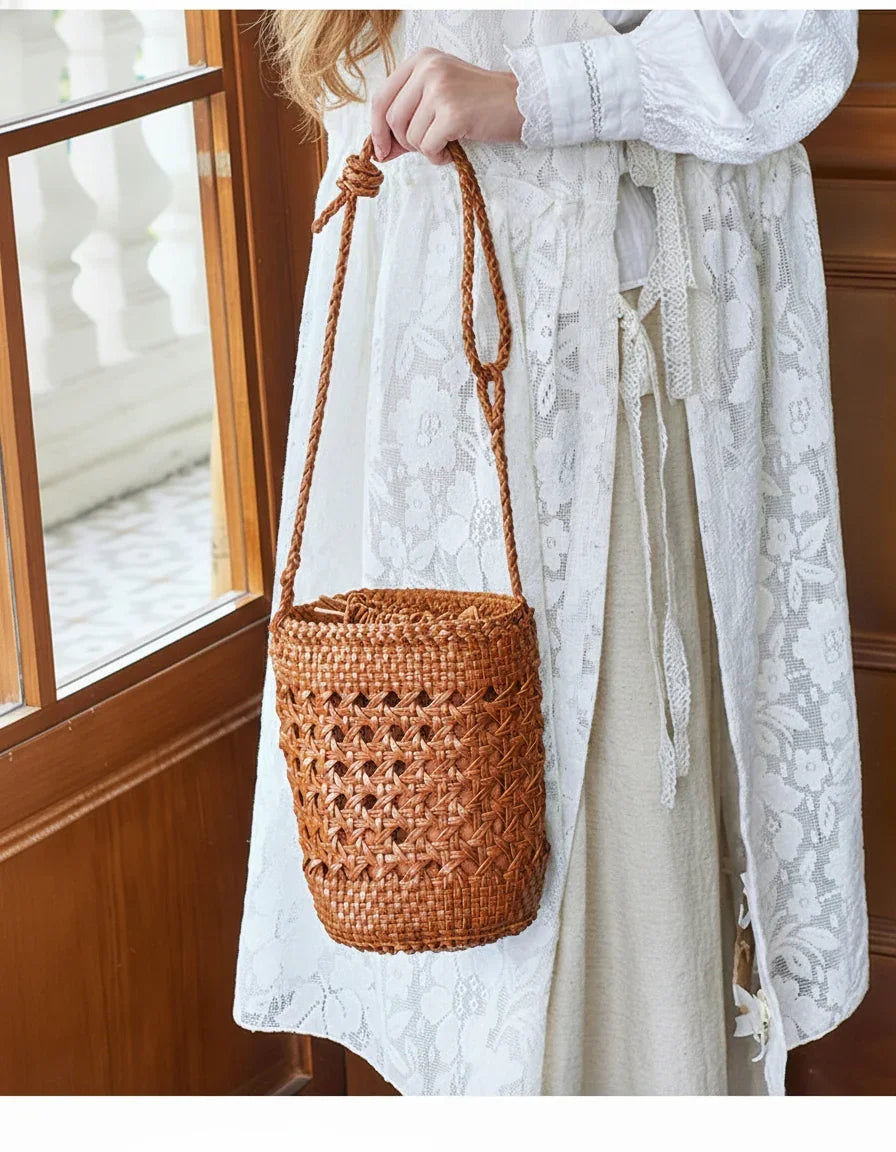 Handcrafted Full Grain Leather Woven Crossbody Bag, Vintage Romantic Lattice Basket Bucket Bag, Hollow-Out Cowhide Cylindrical Crossbody for Women Tan Brown