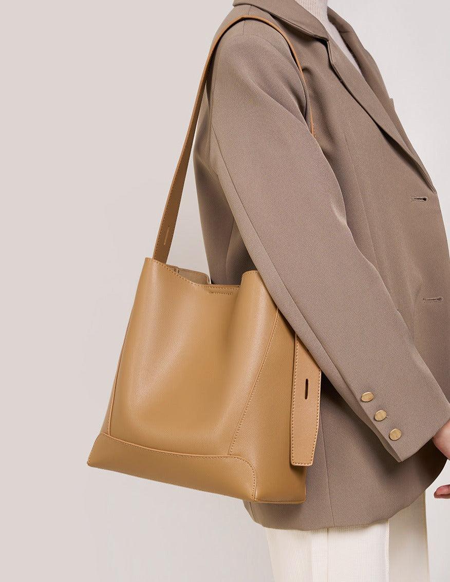 Minimalist Genuine Leather Bucket Bag | Leather Shoulder Bag, Chic Crossbody Bag, Gift for Her - Alexel Crafts