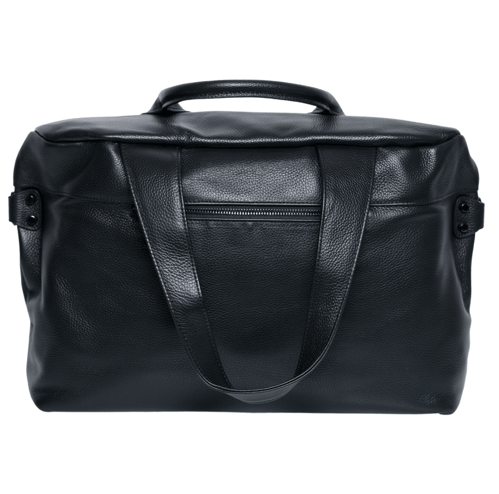 Black leather travel duffle bag with top handles and front zipper pocket