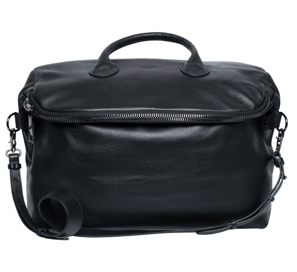 Black leather duffle bag with top handles, zipper closure, and adjustable shoulder strap