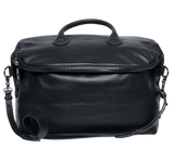 Black leather duffle bag with top handles, zipper closure, and adjustable shoulder strap