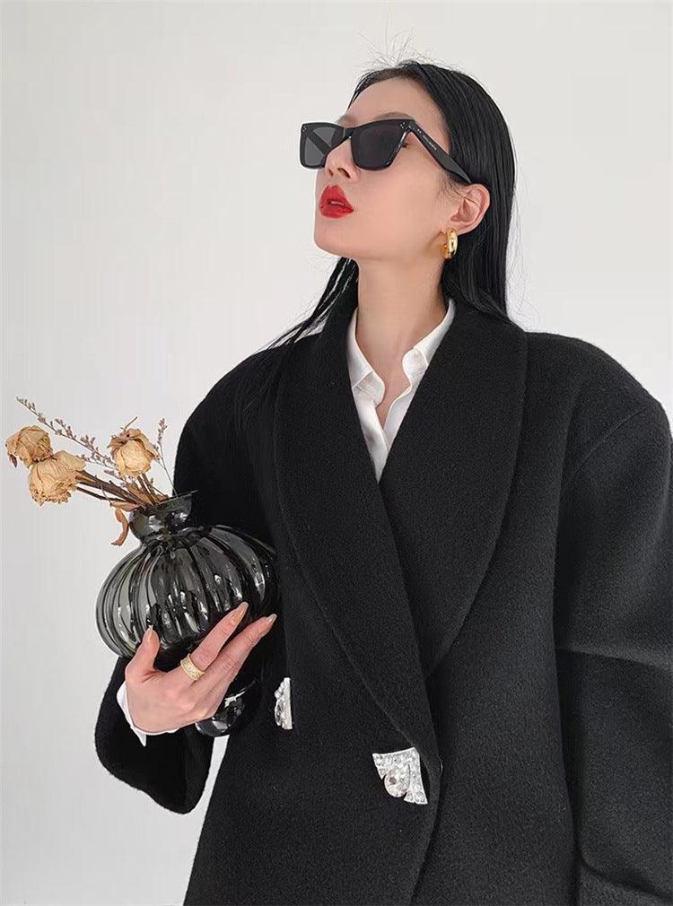 Oversize Double-Sided Wool Diamond Button Coat - Alexel Crafts