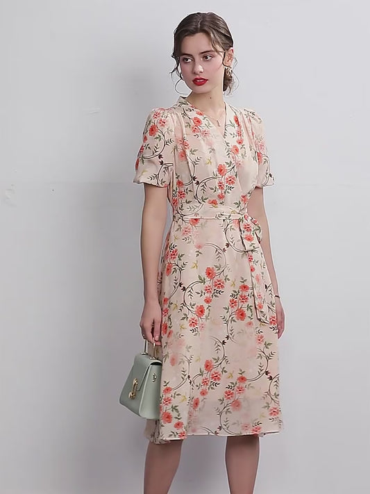 100% Mulberry Silk Midi Dress Floral, Embroidered Dress, Fashion Runway Summer Dress