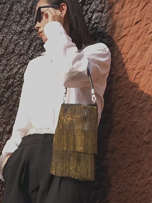 Black Silver Beaded Fringe Leather Shoulder Bag | Glamorous Statement Evening Bag with Metallic Tassels | Luxury Party Handbag