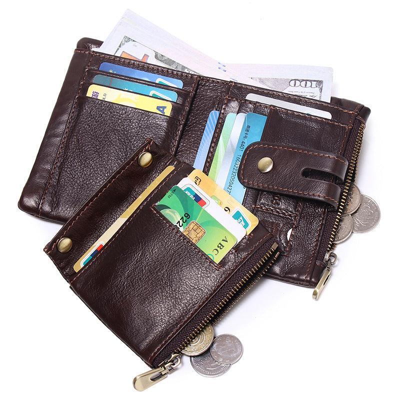 RFID Anti-Theft Brush Wallet, Oil Wax Cowhide Multi-Functional Double-Zip Men's Leather Wallet - Alexel Crafts