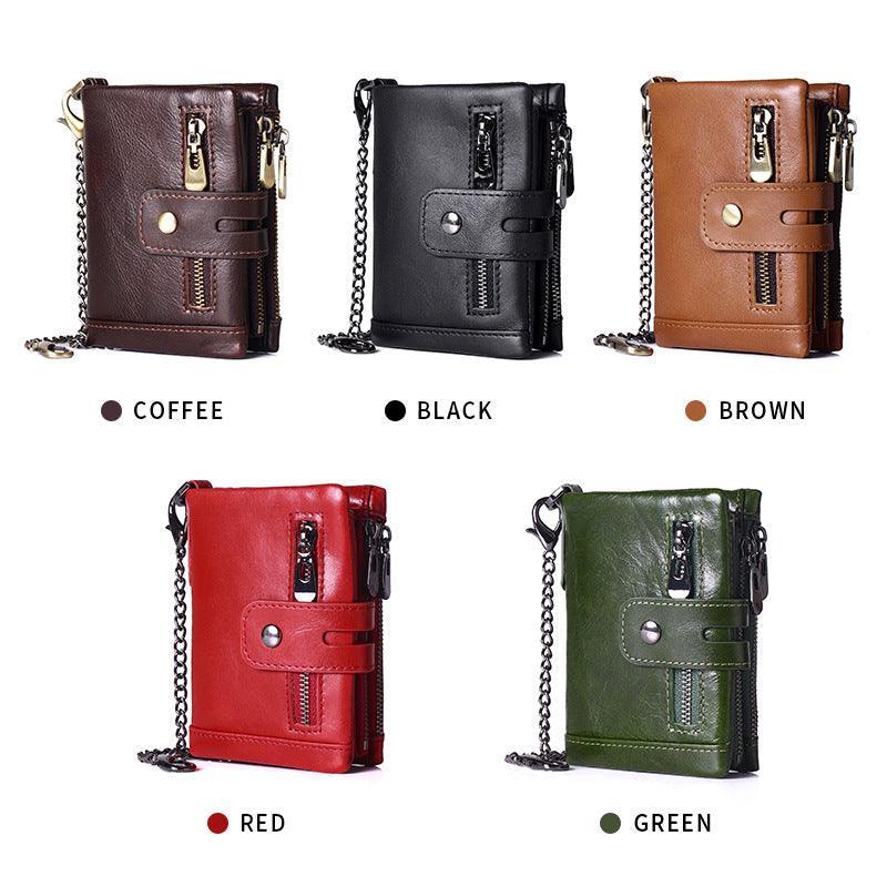 RFID Anti-Theft Brush Wallet, Oil Wax Cowhide Multi-Functional Double-Zip Men's Leather Wallet - Alexel Crafts