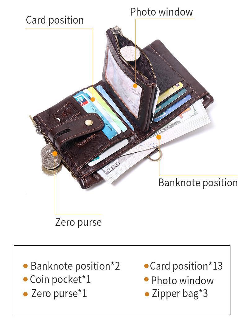 RFID Anti-Theft Brush Wallet, Oil Wax Cowhide Multi-Functional Double-Zip Men's Leather Wallet - Alexel Crafts
