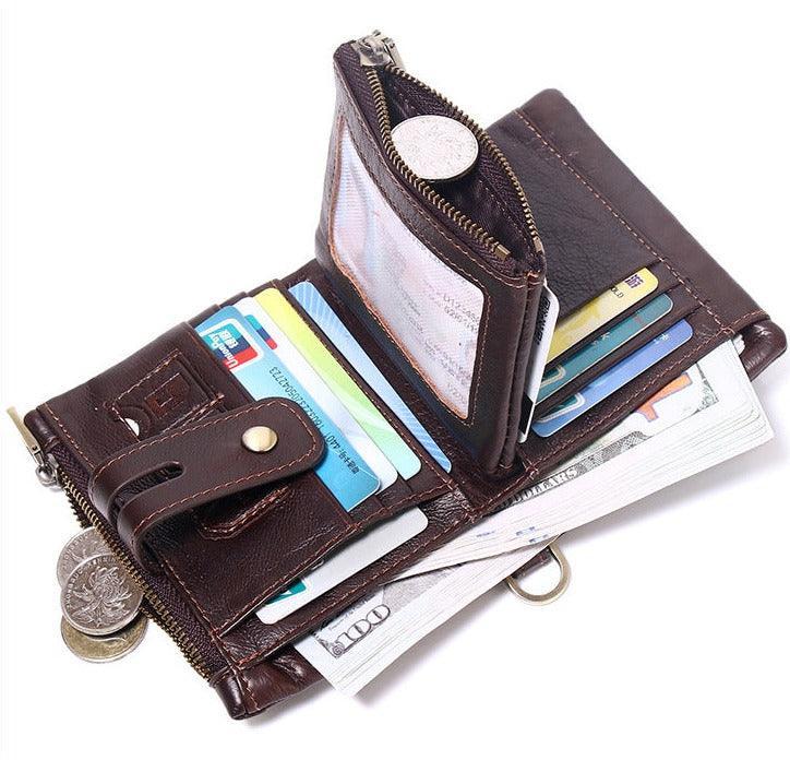RFID Anti-Theft Brush Wallet, Oil Wax Cowhide Multi-Functional Double-Zip Men's Leather Wallet - Alexel Crafts