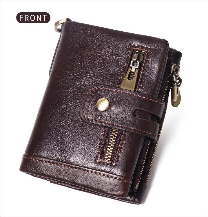 RFID Anti-Theft Brush Wallet, Oil Wax Cowhide Multi-Functional Double-Zip Men's Leather Wallet - Alexel Crafts