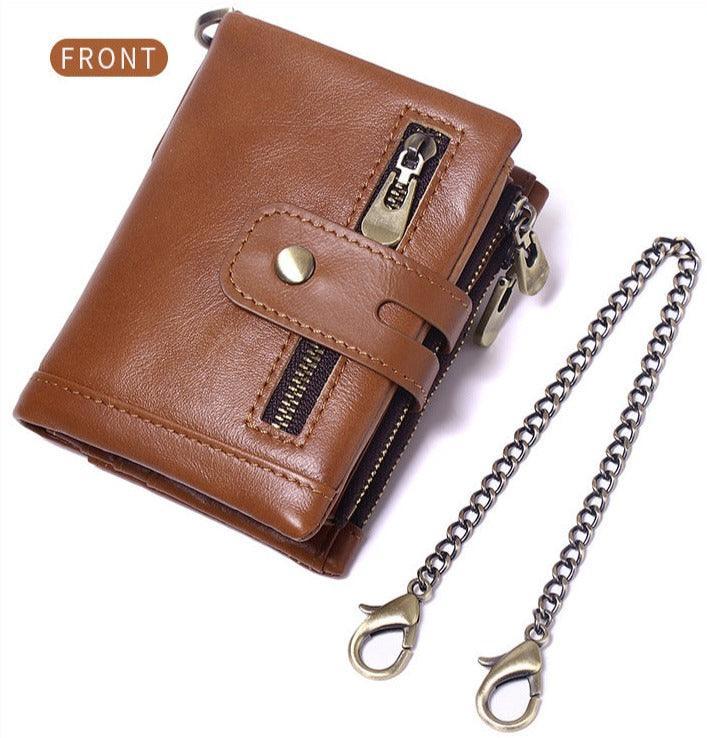 RFID Anti-Theft Brush Wallet, Oil Wax Cowhide Multi-Functional Double-Zip Men's Leather Wallet - Alexel Crafts