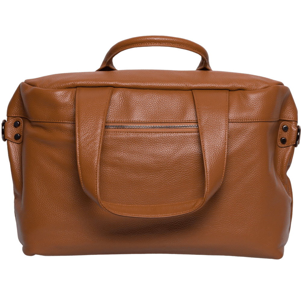 Brown leather travel bag with front zipper pocket, double handles, and textured finish