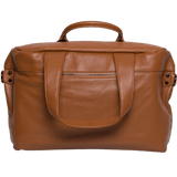 Brown leather travel bag with front zipper pocket, double handles, and textured finish