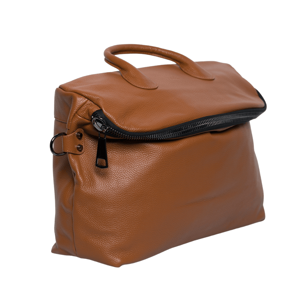 Brown leather handbag with top handle and zipper closure, luxury designer bag