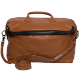 Tan leather travel bag with top handle, pebbled texture, zipper closure, and adjustable strap