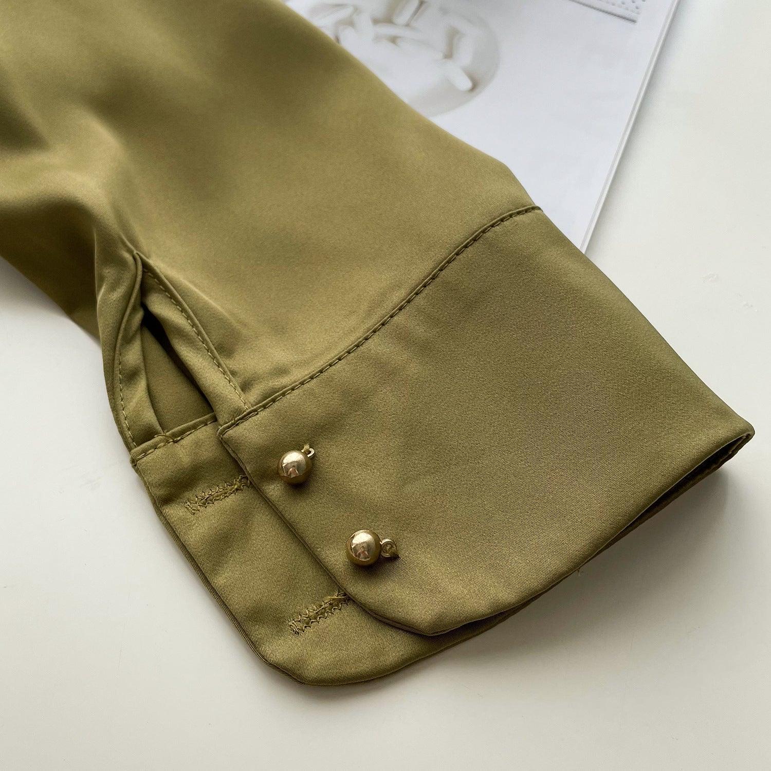 Timeless V-neck Satin Woven Blouse, Silk Satin Long Sleeves Shirt, Women Smart Casual Silky Top, Green Sleeve Blouse, Any Occassion, Gift - Alexel Crafts