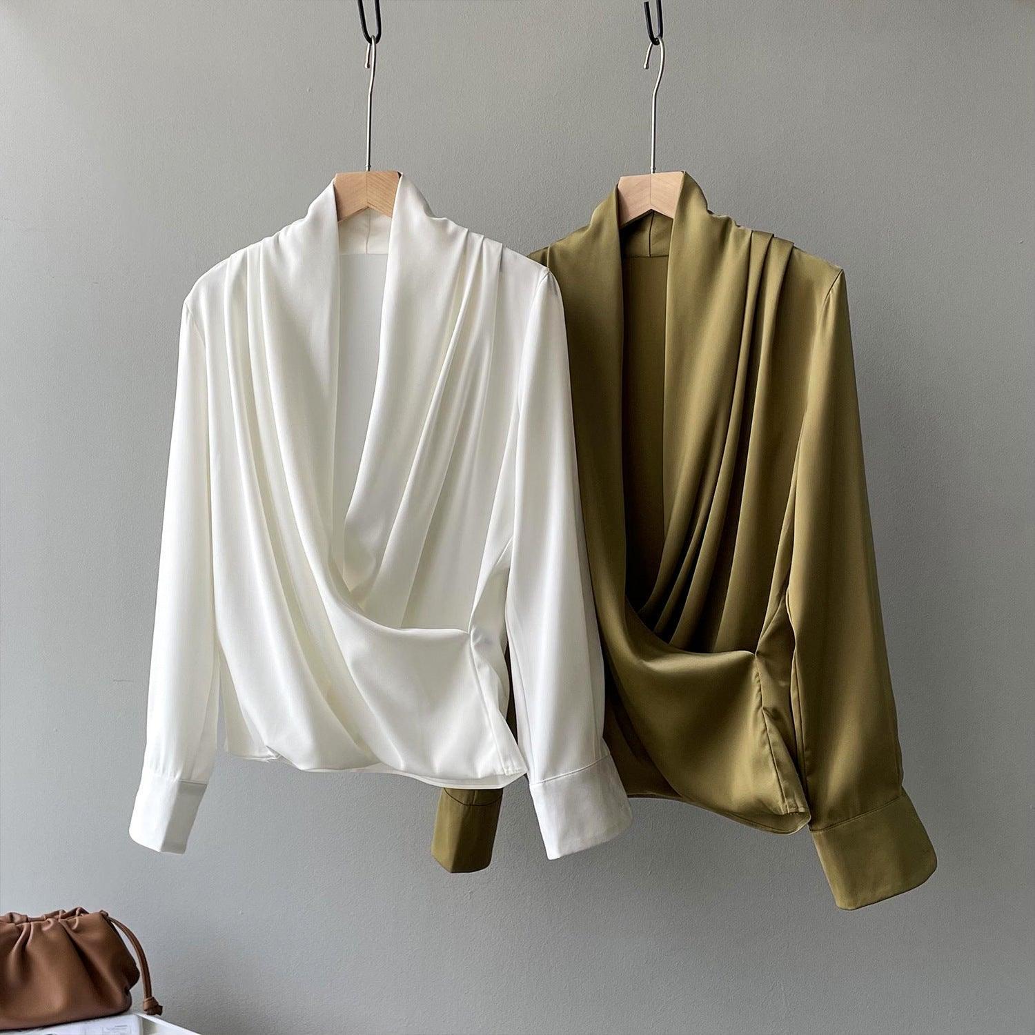 Timeless V-neck Satin Woven Blouse, Silk Satin Long Sleeves Shirt, Women Smart Casual Silky Top, Green Sleeve Blouse, Any Occassion, Gift - Alexel Crafts