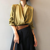 Timeless V-neck Satin Woven Blouse, Silk Satin Long Sleeves Shirt, Women Smart Casual Silky Top, Green Sleeve Blouse, Any Occassion, Gift - Alexel Crafts