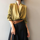 Timeless V-neck Satin Woven Blouse, Silk Satin Long Sleeves Shirt, Women Smart Casual Silky Top, Green Sleeve Blouse, Any Occassion, Gift - Alexel Crafts