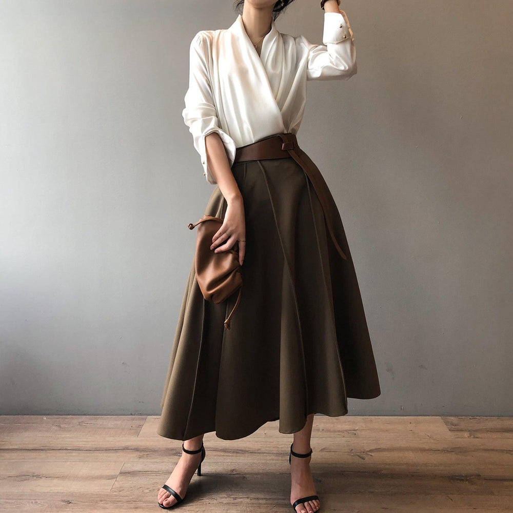 Timeless V-neck Satin Woven Blouse, Silk Satin Long Sleeves Shirt, Women Smart Casual Silky Top, Green Sleeve Blouse, Any Occassion, Gift - Alexel Crafts