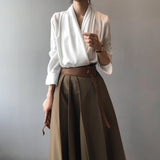 Timeless V-neck Satin Woven Blouse, Silk Satin Long Sleeves Shirt, Women Smart Casual Silky Top, Green Sleeve Blouse, Any Occassion, Gift - Alexel Crafts