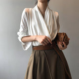 Timeless V-neck Satin Woven Blouse, Silk Satin Long Sleeves Shirt, Women Smart Casual Silky Top, Green Sleeve Blouse, Any Occassion, Gift - Alexel Crafts