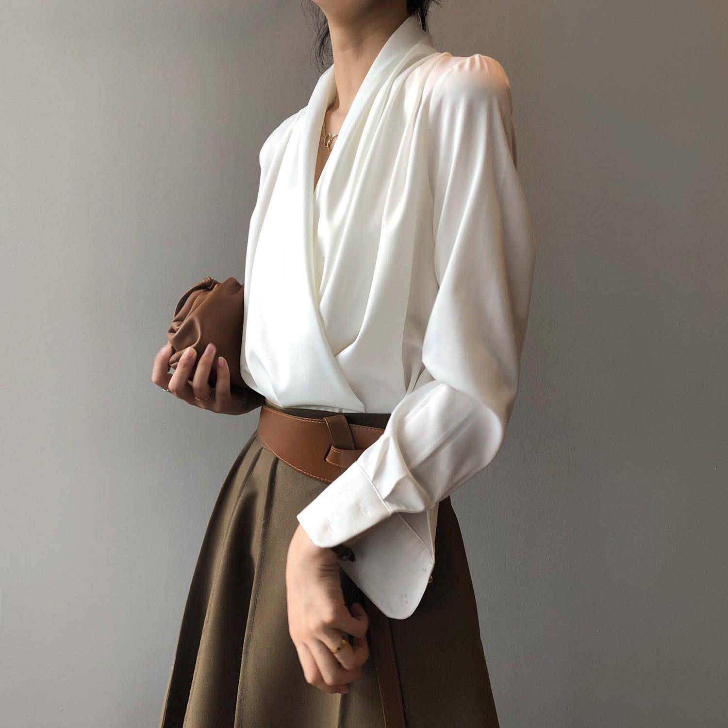 Timeless V-neck Satin Woven Blouse, Silk Satin Long Sleeves Shirt, Women Smart Casual Silky Top, Green Sleeve Blouse, Any Occassion, Gift - Alexel Crafts