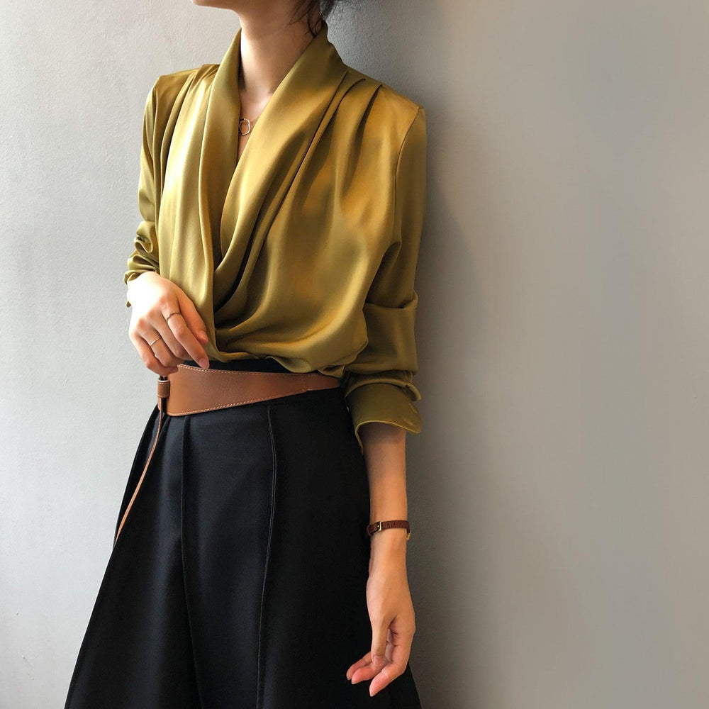 Timeless V-neck Satin Woven Blouse, Silk Satin Long Sleeves Shirt, Women Smart Casual Silky Top, Green Sleeve Blouse, Any Occassion, Gift - Alexel Crafts