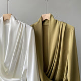 Timeless V-neck Satin Woven Blouse, Silk Satin Long Sleeves Shirt, Women Smart Casual Silky Top, Green Sleeve Blouse, Any Occassion, Gift - Alexel Crafts