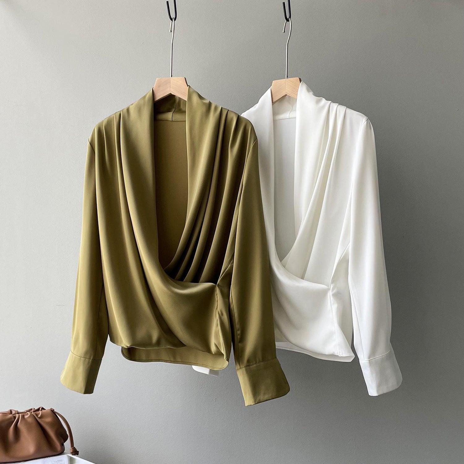 Timeless V-neck Satin Woven Blouse, Silk Satin Long Sleeves Shirt, Women Smart Casual Silky Top, Green Sleeve Blouse, Any Occassion, Gift - Alexel Crafts