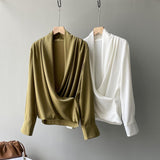 Timeless V-neck Satin Woven Blouse, Silk Satin Long Sleeves Shirt, Women Smart Casual Silky Top, Green Sleeve Blouse, Any Occassion, Gift - Alexel Crafts