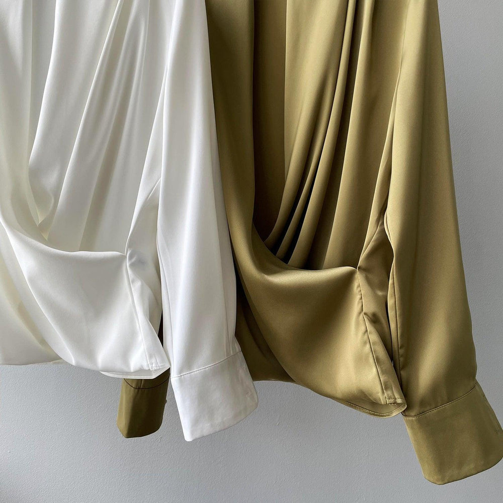 Timeless V-neck Satin Woven Blouse, Silk Satin Long Sleeves Shirt, Women Smart Casual Silky Top, Green Sleeve Blouse, Any Occassion, Gift - Alexel Crafts