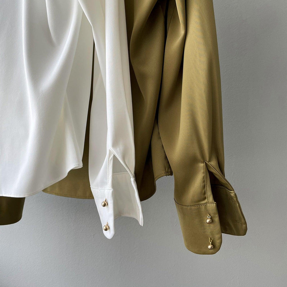 Timeless V-neck Satin Woven Blouse, Silk Satin Long Sleeves Shirt, Women Smart Casual Silky Top, Green Sleeve Blouse, Any Occassion, Gift - Alexel Crafts