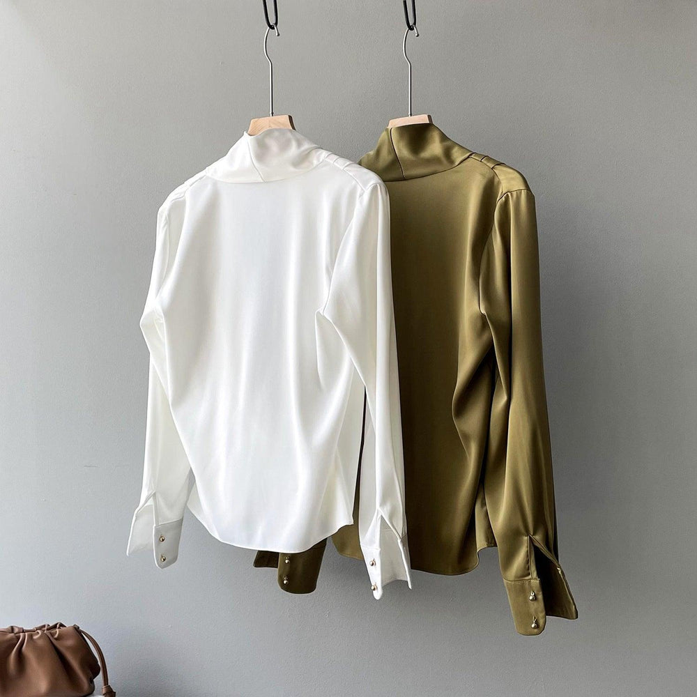 Timeless V-neck Satin Woven Blouse, Silk Satin Long Sleeves Shirt, Women Smart Casual Silky Top, Green Sleeve Blouse, Any Occassion, Gift - Alexel Crafts