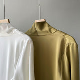 Timeless V-neck Satin Woven Blouse, Silk Satin Long Sleeves Shirt, Women Smart Casual Silky Top, Green Sleeve Blouse, Any Occassion, Gift - Alexel Crafts