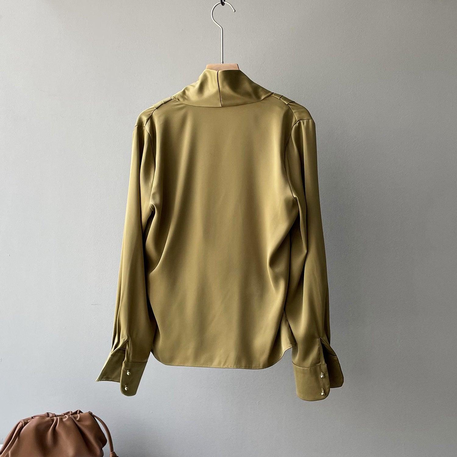 Timeless V-neck Satin Woven Blouse, Silk Satin Long Sleeves Shirt, Women Smart Casual Silky Top, Green Sleeve Blouse, Any Occassion, Gift - Alexel Crafts