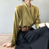 Timeless V-neck Satin Woven Blouse, Silk Satin Long Sleeves Shirt, Women Smart Casual Silky Top, Green Sleeve Blouse, Any Occassion, Gift - Alexel Crafts