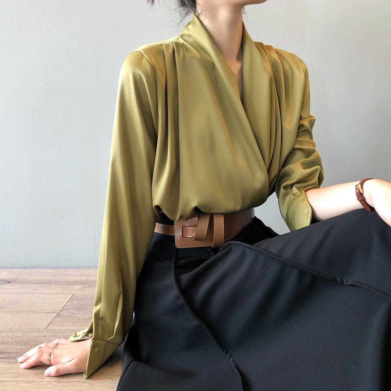 Timeless V-neck Satin Woven Blouse, Silk Satin Long Sleeves Shirt, Women Smart Casual Silky Top, Green Sleeve Blouse, Any Occassion, Gift - Alexel Crafts
