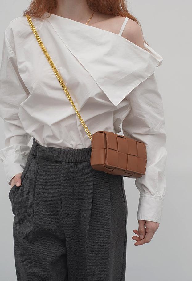 Versatile Calfskin Leather Squared Woven Bag with Interchangeable Gold Chain and Leather Straps, Minimalist Crossbody Bag, Waist Bag - Alexel Crafts