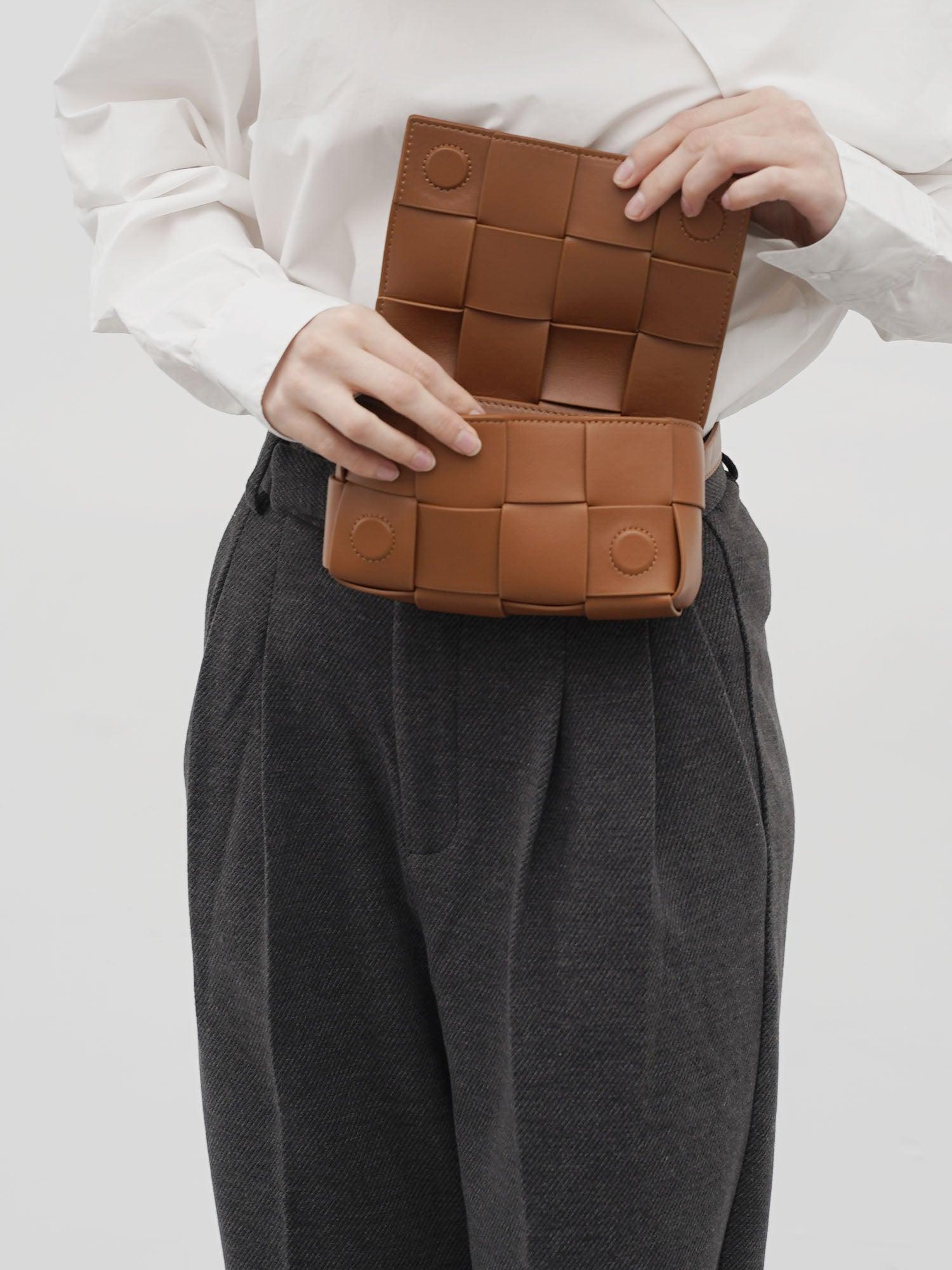 Versatile Calfskin Leather Squared Woven Bag with Interchangeable Gold Chain and Leather Straps, Minimalist Crossbody Bag, Waist Bag - Alexel Crafts