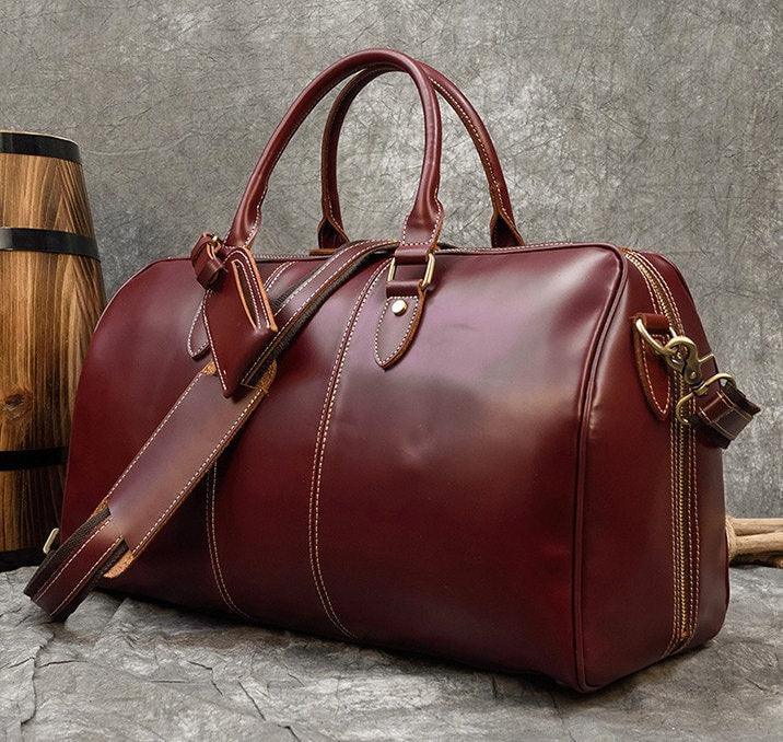 20 inches Leather Duffle Bag, Wine Red Travel Bag, Mens/Women's Leather Weekender Bag, Overnight Bag Full Grain Leather Holdall, Gym Bag