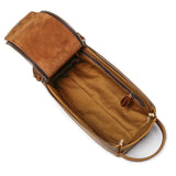 Open brown genuine leather toiletry bag with suede flap and zipper, spacious interior view