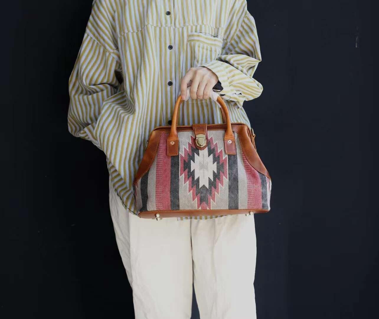 Bohemian Leather Doctor Bag, Multicolour Bag, Carpet Shoulder Bag, Turkish Kilim Bag, Rug Bag, Handmade Clothing, Gift For Her