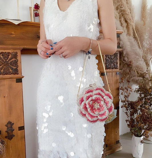 Bridal Wedding Clutch, Handcrafted Flower Clutch Bag Rhinestone Floral Party Bag, Floral Crystal Rhinestone Shoulder Bag, Luxury Evening Bag